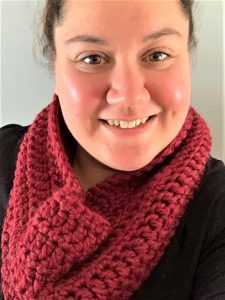 Trista from Crochets By Trista modeling the "Garnet Cowl"