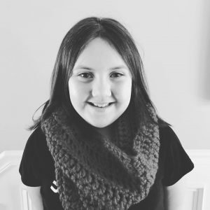 Black and white photo of Girl wearing "Garnet Cowl'